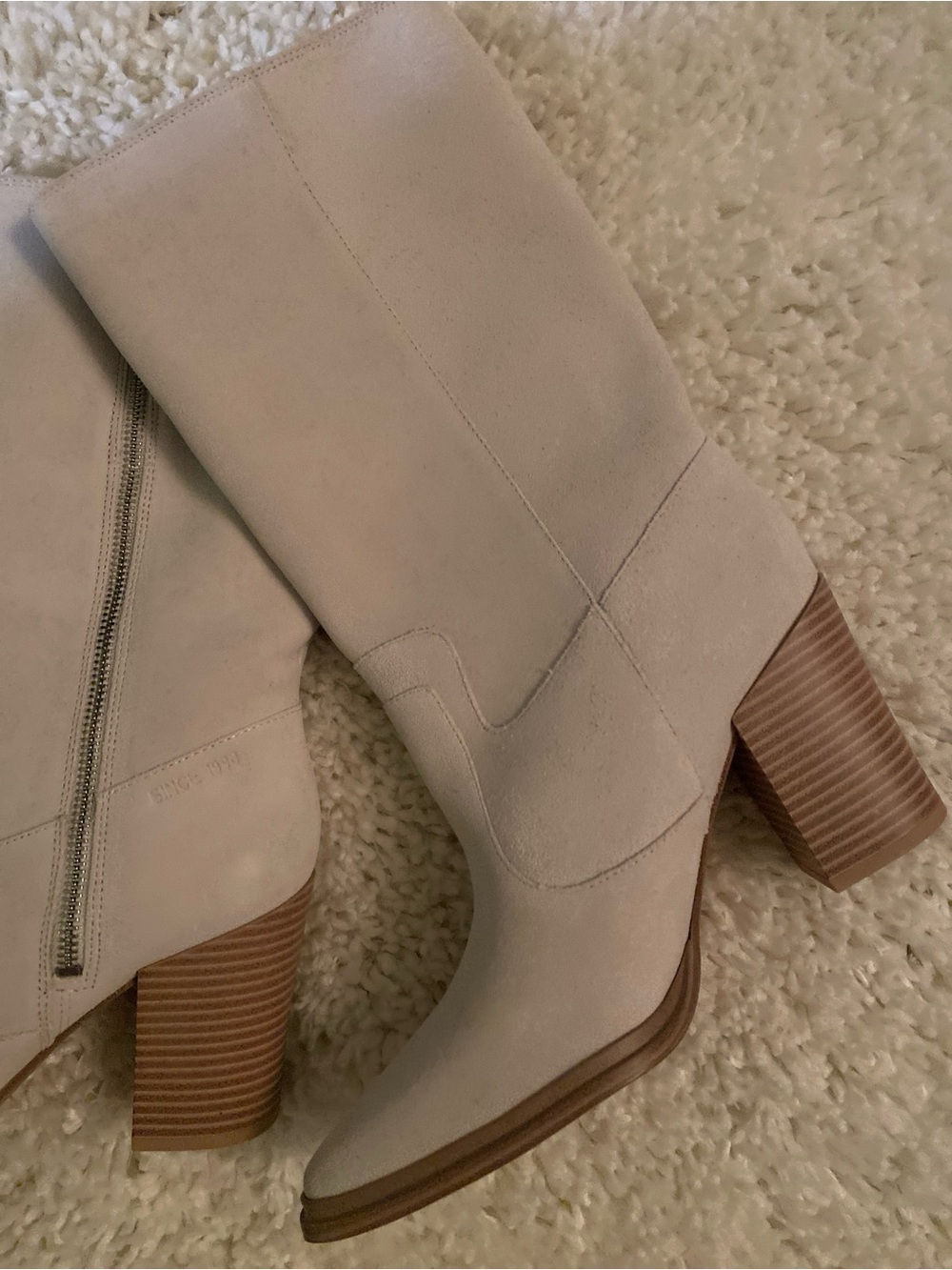 Franco Sarto Light Beige Suede Mid-Calf Block Heel Boots - Picture 5 of 8